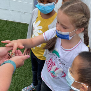 Young girl touches a butterfly at an enrichment program